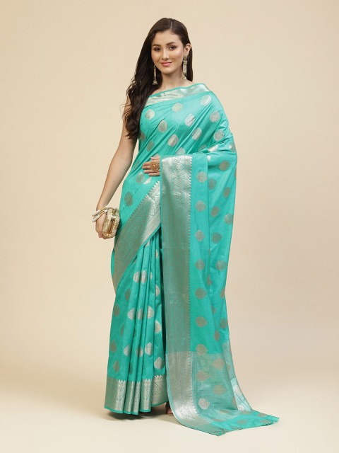 

Meena Bazaar Sea Green & Silver-Toned Ethnic Motifs Zari Silk Blend Saree
