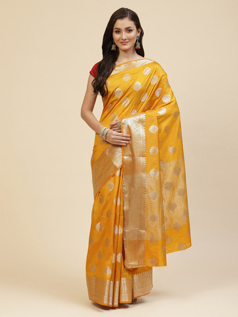 

Meena Bazaar Mustard & Silver-Toned Ethnic Motifs Zari Silk Blend Saree