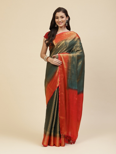 

Meena Bazaar Green & Red Woven Design Zari Silk Blend Saree