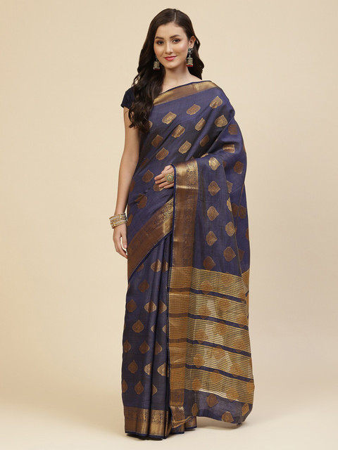 

Meena Bazaar Navy Blue & Gold-Toned Woven Design Zari Silk Blend Saree