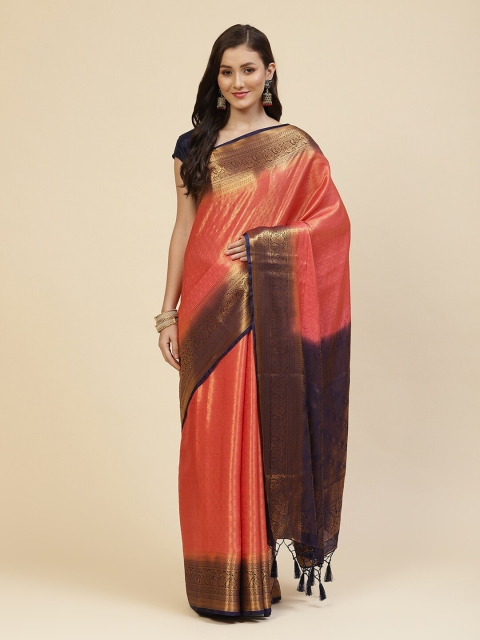 

Meena Bazaar Coral & Blue Woven Design Zari Silk Blend Saree