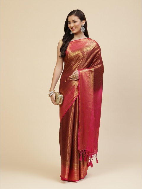 

Meena Bazaar Burgundy & Gold-Toned Ethnic Motifs Zari Silk Blend Saree