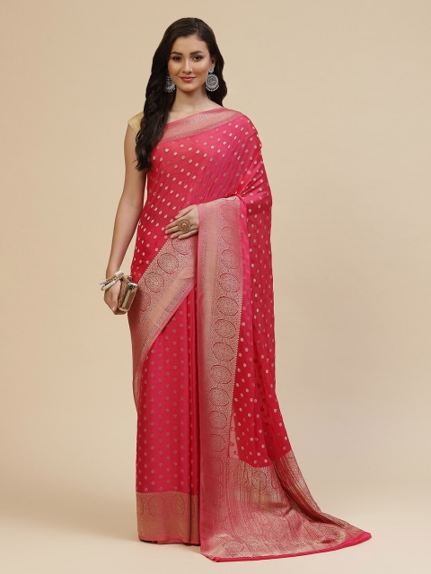 

Meena Bazaar Pink & Gold-Toned Woven Design Zari Silk Blend Saree
