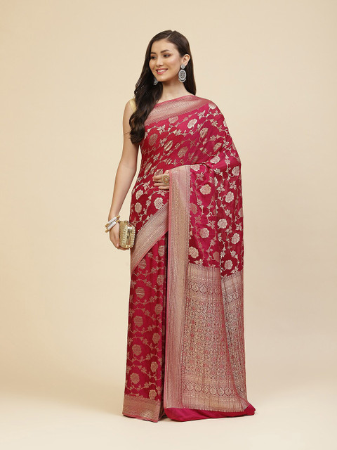 

Meena Bazaar Burgundy & Gold-Toned Floral Zari Pure Georgette Saree