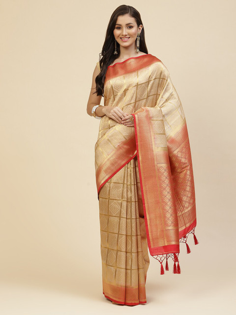 

Meena Bazaar Burgundy & Orange Woven Design Zari Silk Blend Saree