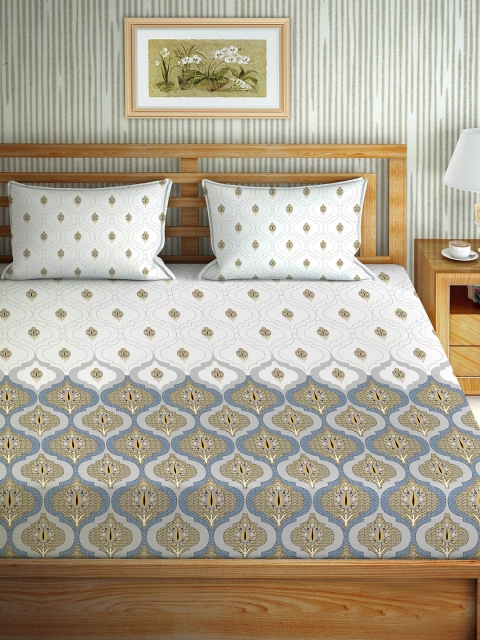 

BELLA CASA White & Blue Floral 180 TC King Bedsheet with 2 Pillow Covers