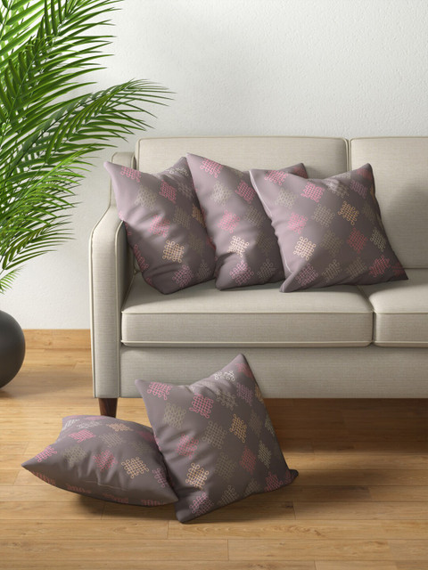 

PETAL HOME Set of 5 Ethnic Motifs Square Cushion Covers, Brown