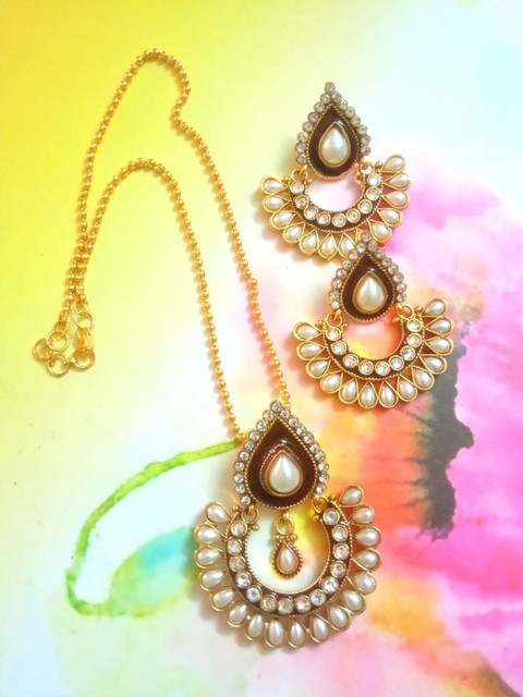 

Runjhun Gold-Plated White CZ-Studded Jewellery Set