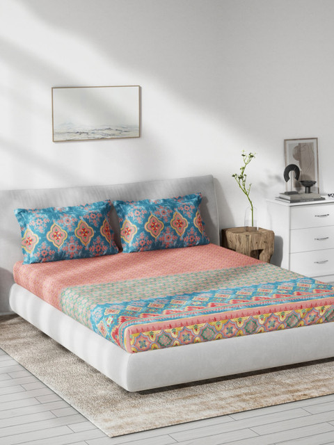 

DDecor Pink & Blue 130 TC Ethnic Cotton Queen Bedsheet with 2 Pillow Covers