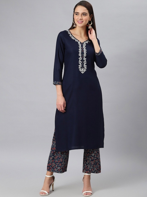 

Khushal K Women Navy Blue Floral Yoke Design Kurta with Trousers