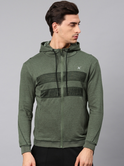 

HRX by Hrithik Roshan Men Green Striped Hooded Sweatshirt