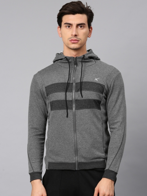 

HRX by Hrithik Roshan Men Charcoal Grey Striped Hooded Sweatshirt