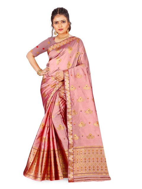 

Skirans Pink & Gold-Toned Floral Assamese Mekhela Chador Saree