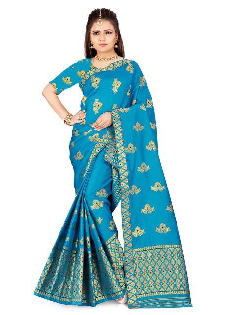 

Skirans Turquoise Blue & Gold Floral Assamese Mekhela Chador Saree