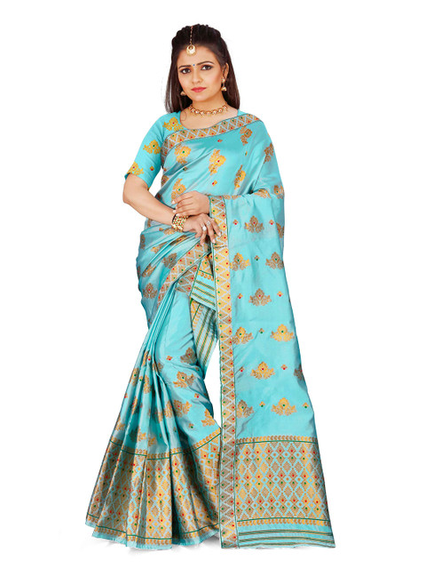 

Skirans Blue & Gold-Toned Floral Assamese Mekhela Chador Saree