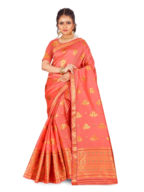 

Skirans Peach-Coloured & Gold-Toned Floral Assamese Mekhela Chador Saree