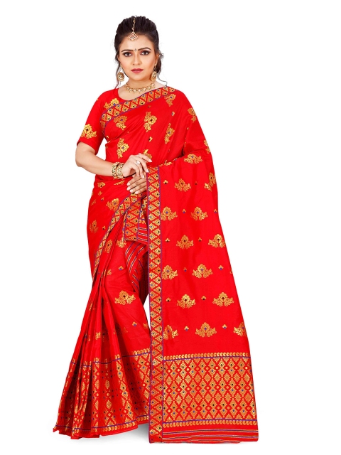 

Skirans Red & Gold-Toned Floral Zari Saree