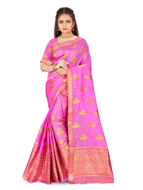 

Skirans Pink & Gold-Toned Ethnic Motifs Assamese Mekhela Chador Saree