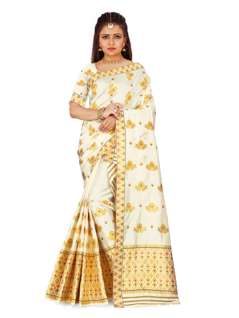 

Skirans White & Gold-Toned Floral Assamese Mekhela Chador Saree