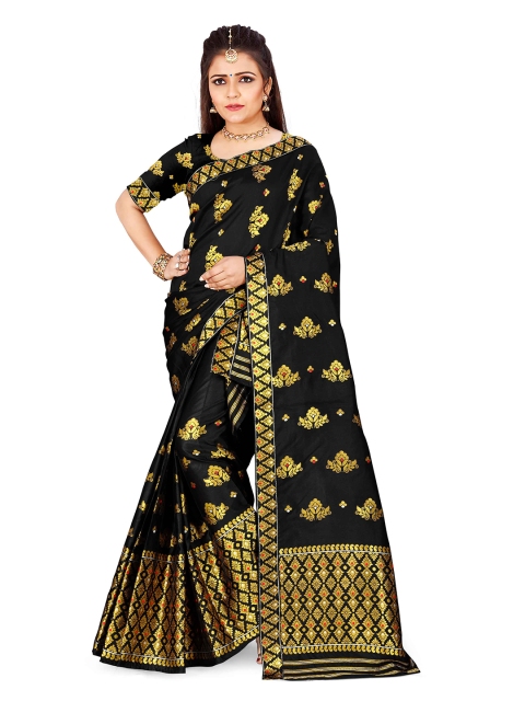 

Skirans Black & Gold-Toned Floral Zari Saree