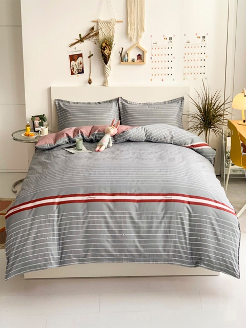 

JC Collection Grey & Pink Striped Print Pure cotton Bedding set
