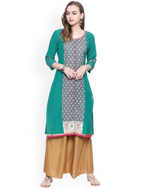 

Evam Women Teal Green Printed Straight Kurta