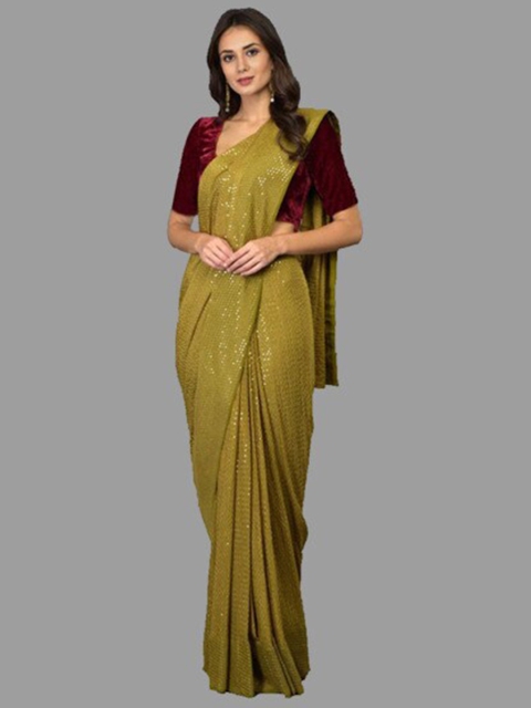 

CLEMIRA Olive Green Embellished Sequinned Saree