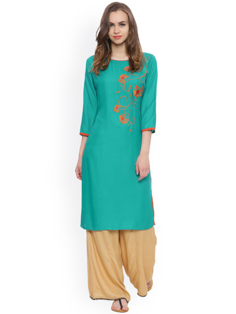

Avaana Women Teal Blue Woven Design Straight Kurta