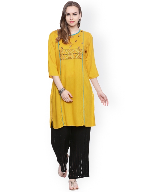 

Evam Women Mustard Yellow Yoke Design Straight Kurta