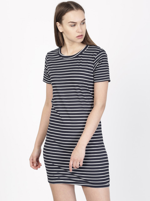 

ether Women Navy Blue & White Striped T-shirt Dress