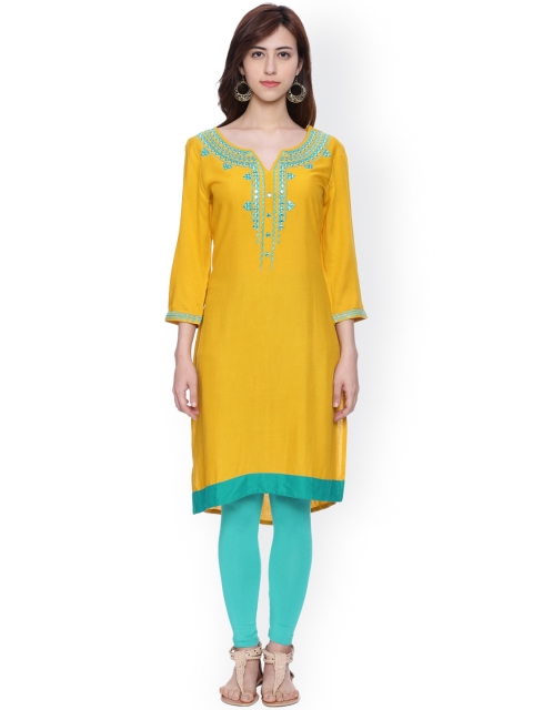 

Avaana Women Mustard Yellow Yoke Design Straight Kurta