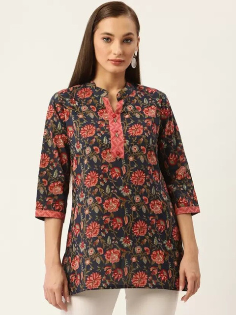 

FABRIC FITOOR Grey & Peach-Coloured Floral Print Mandarin Collar Longline Top