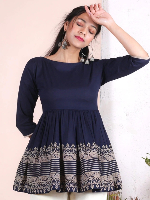 

Rustorange Blue & Beige A-Line Print Longline Top
