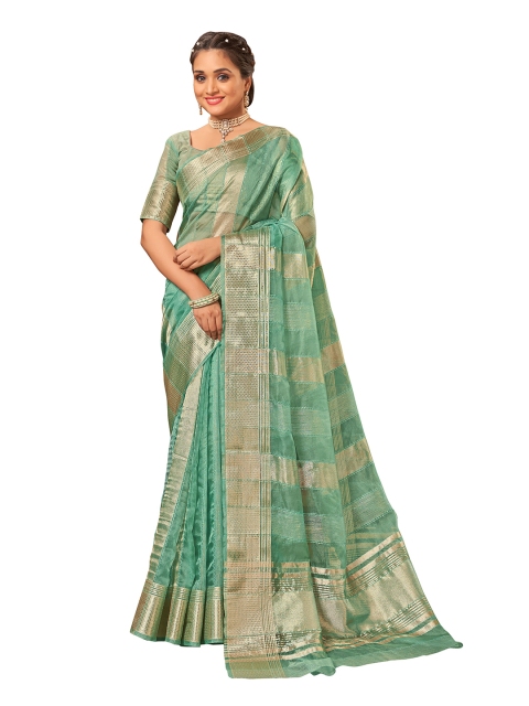 MANOHARI Sea Green & Gold-Toned Woven Design Zari Saree