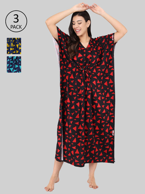 

Shararat Pack of 3 Printed Maxi Nightdress, Red