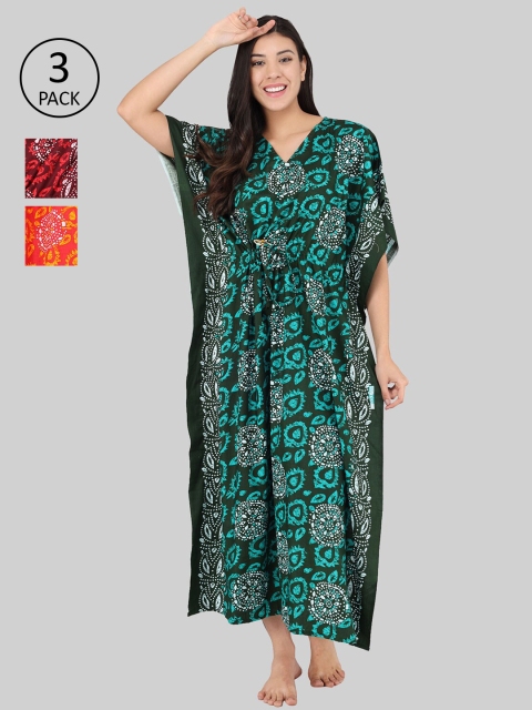 

Shararat Pack of 3Printed Maxi Nightdress, Red