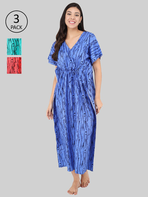 

Shararat Pack of 3 Printed Maxi Nightdress, Blue