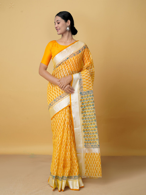 

Unnati Silks Yellow & Silver-Toned Ethnic Motifs Zari Pure Cotton Handloom Kota Saree