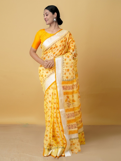 

Unnati Silks Yellow & White Ethnic Motifs Zari Pure Cotton Handloom Kota Saree