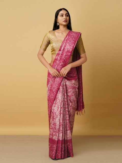 

Unnati Silks Pink & White Batik Silk Cotton Handloom Bhagalpuri Saree