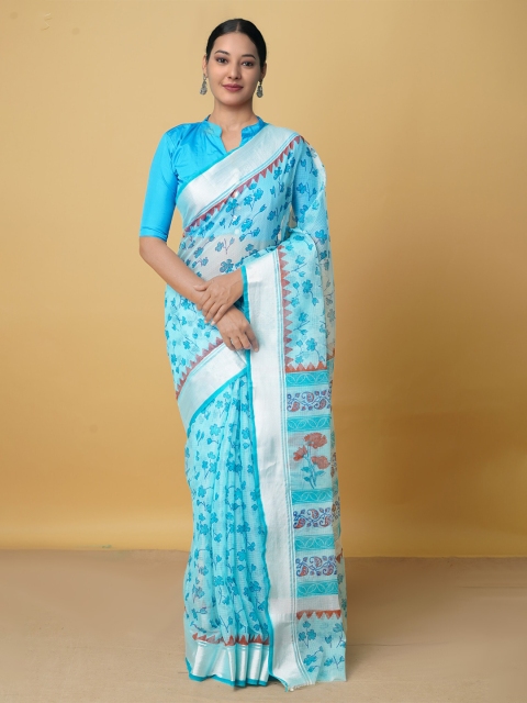 

Unnati Silks Blue & Silver-Toned Ethnic Motifs Zari Pure Cotton Handloom Kota Saree