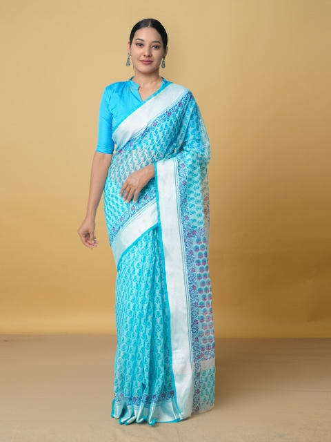 

Unnati Silks Blue & Silver-Toned Ethnic Motifs Zari Pure Cotton Kota Handloom Saree