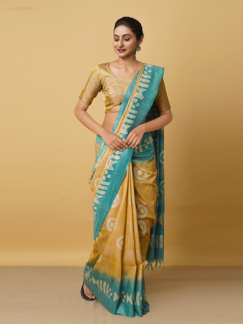 

Unnati Silks Cream-Coloured & Blue Batik Silk Cotton Bhagalpuri Handloom Saree