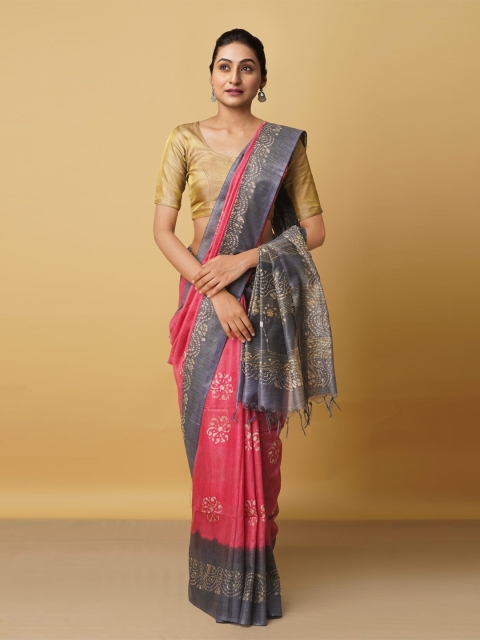

Unnati Silks Pink & Grey Batik Silk Cotton Handloom Bhagalpuri Saree