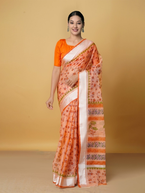 

Unnati Silks Orange Floral Zari Pure Cotton Handloom Kota Saree