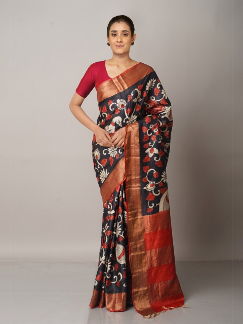

Unnati Silks Black & Red Ethnic Motifs Zari Pure Silk Handloom Tussar Saree