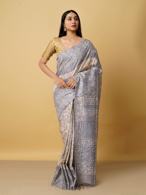 

Unnati Silks Grey & Beige Batik Silk Cotton Handloom Bhagalpuri Saree