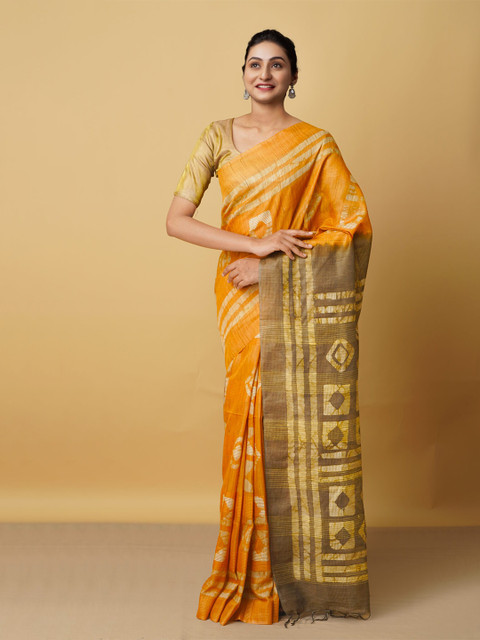 

Unnati Silks Orange & Brown Batik Silk Cotton Handloom Bhagalpuri Saree
