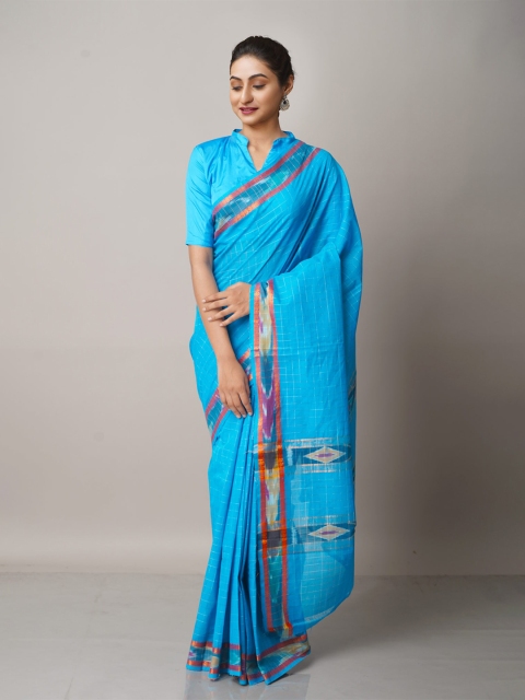 

Unnati Silks Blue & Pink Checked Zari Pure Cotton Mangalagiri Saree