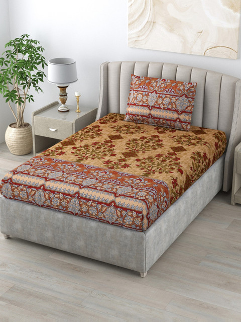 

Salona Bichona Yellow & Red Floral 120 TC 100% Cotton Single Bedsheet with 1 Pillow Covers